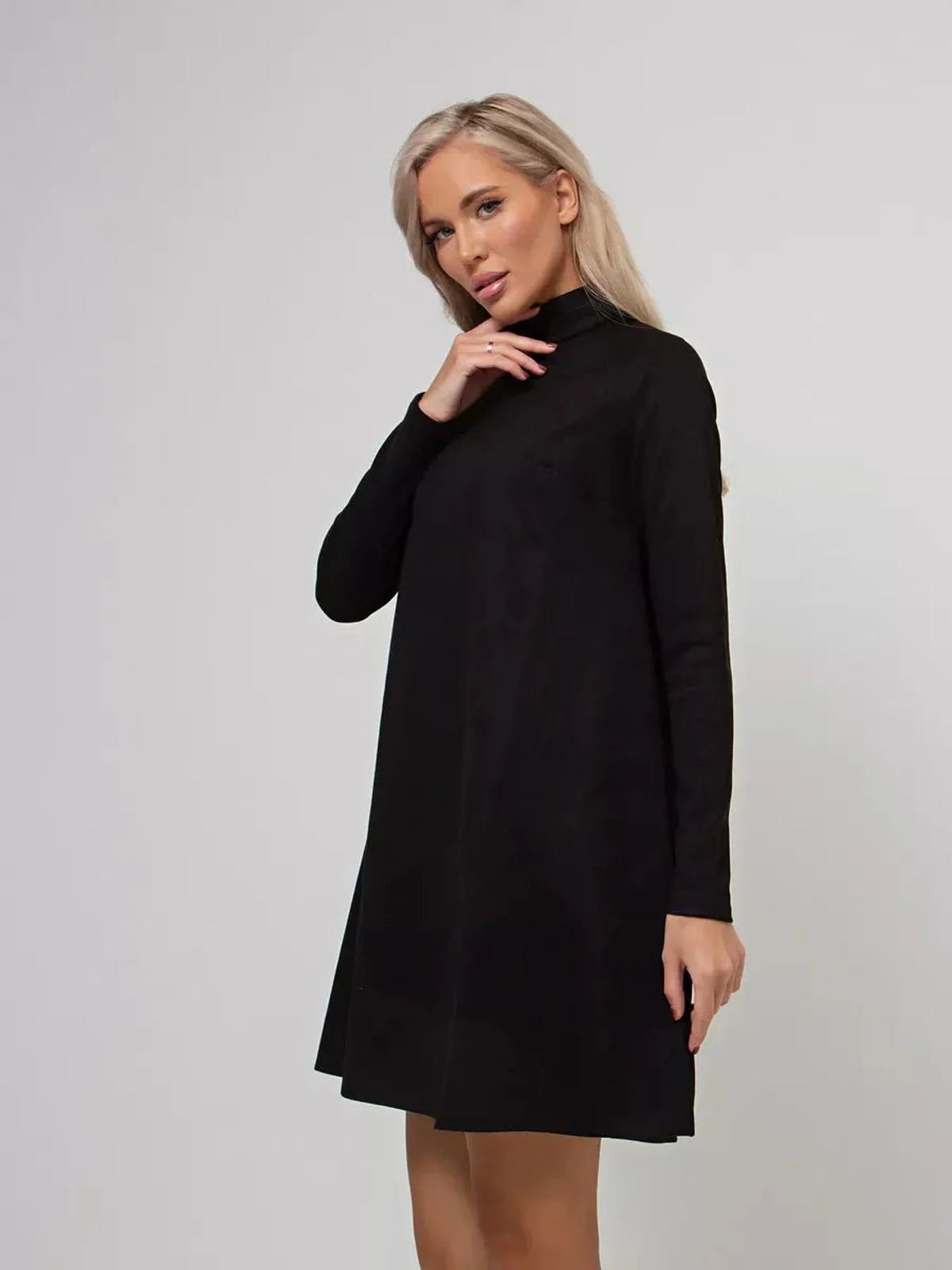 Quinn Mini Dress by Lauven - Black long sleeve A-line with mock neck, perfect for various occasions.