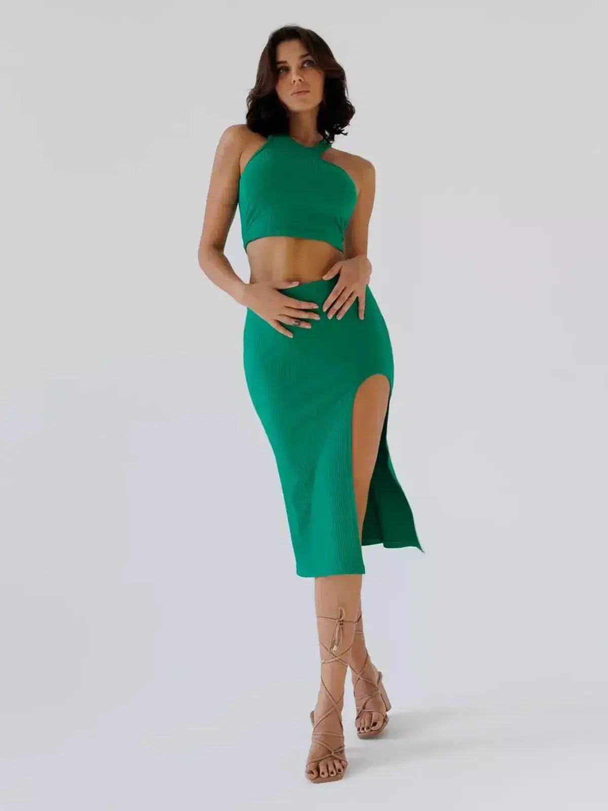 Raina Cutout Set by Lauven - Green Ribbed Knit Two-Piece with Asymmetrical Crop Top and Side-Slit Midi Skirt