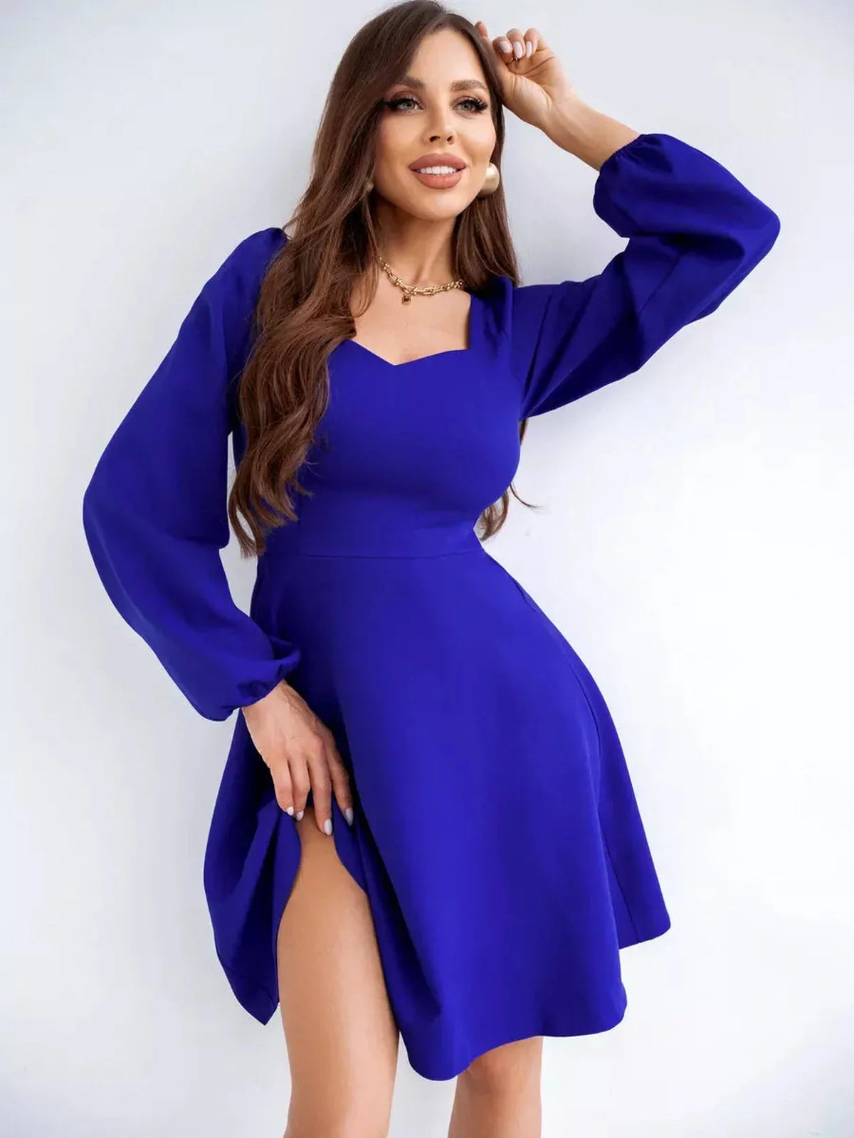 Royal Mini Dress by Lauven, a long-sleeve flared cocktail dress in vibrant blue, perfect for chic occasions.