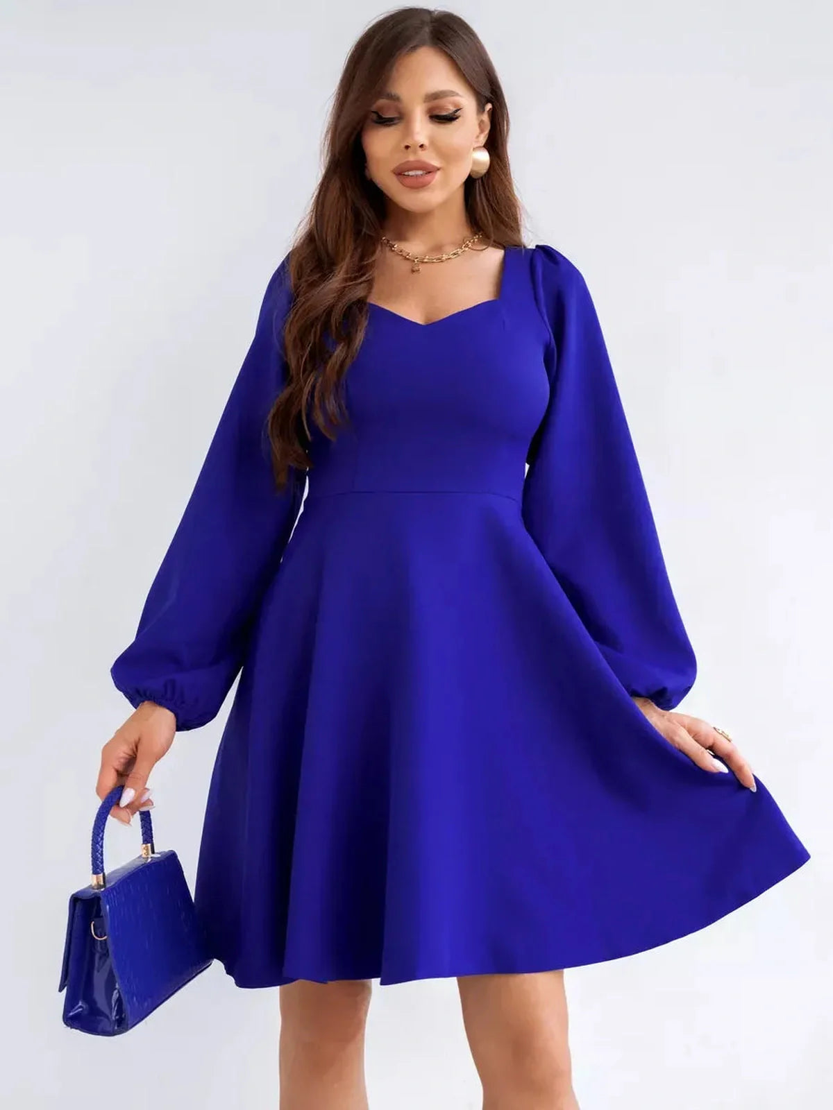 Royal Mini Dress by Lauven, long sleeve flared cocktail dress in vibrant blue with a square neckline.