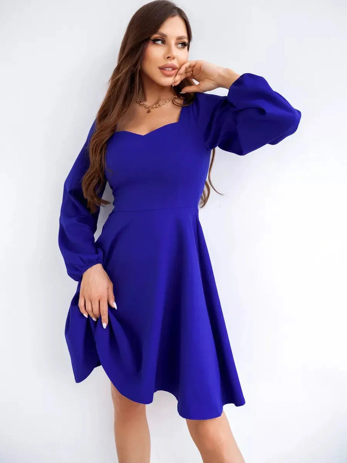 Royal Mini Dress by Lauven - Long sleeve flared cocktail dress in vibrant blue with sculpted neckline and gathered shoulders.
