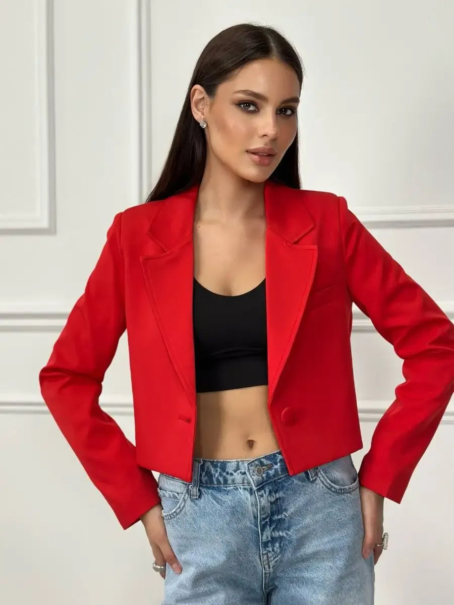 Ruby Blazer by Lauven - Cropped classic tailored red elegance for versatile styling.