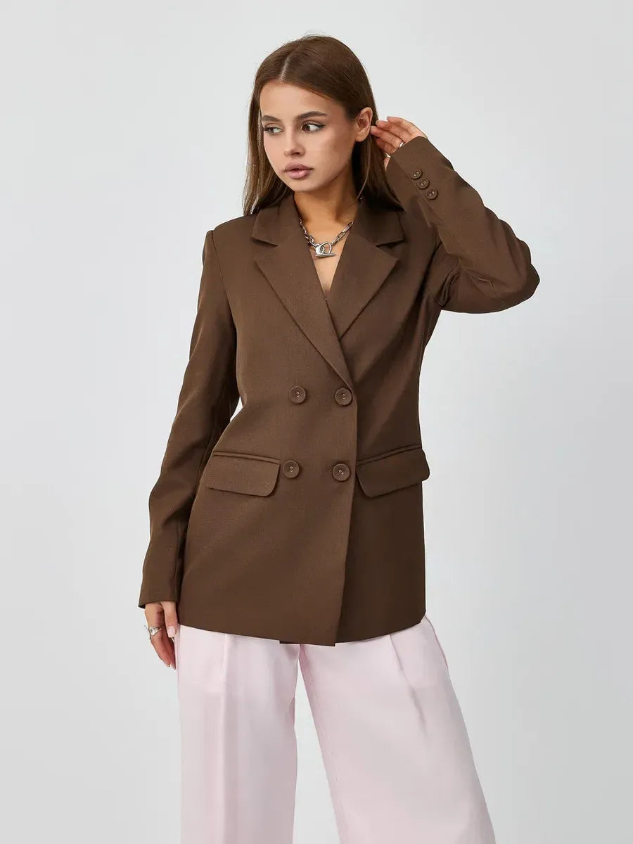 Saffron Blazer by Lauven, elegant oversized double-breasted chocolate blazer for modern women.