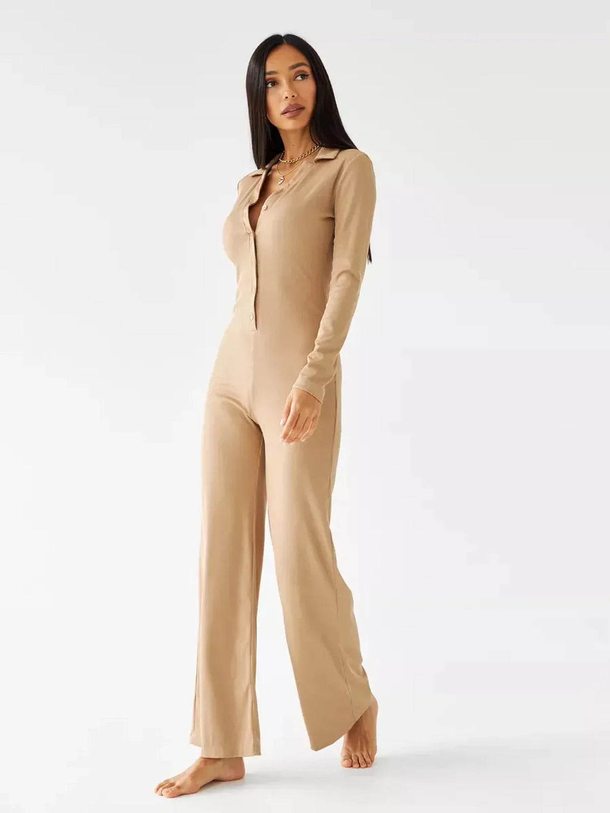 Jersey Jumpsuit by Lauven in sand ribbed knit with button-front and wide-leg silhouette for women.