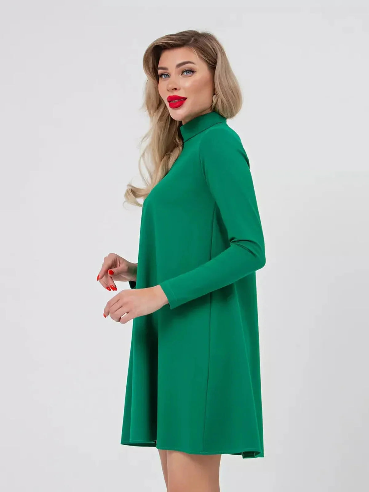 Santorini Mini Dress by Lauven in olive green, showcasing an A-line silhouette with stand collar and long sleeves.