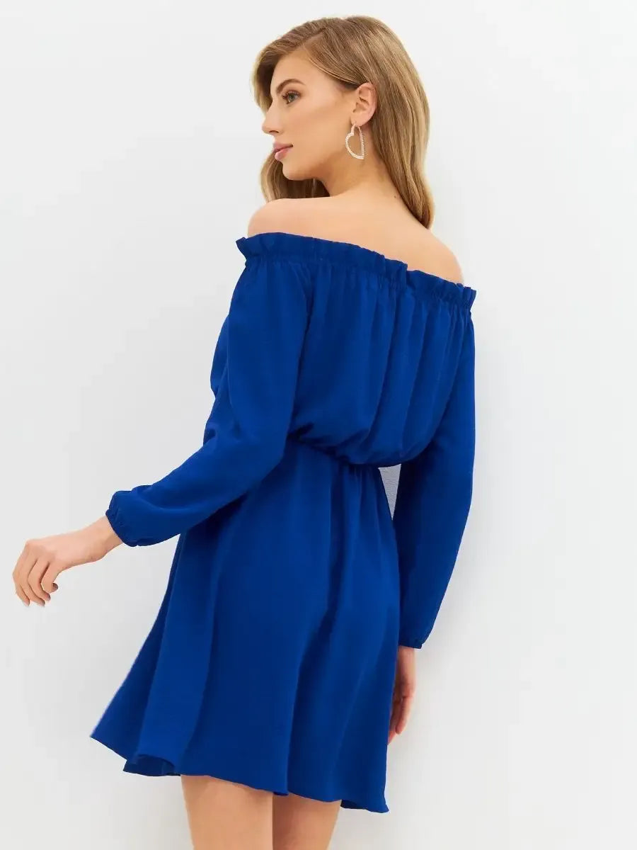 Sapphire Mini Dress by Lauven featuring a vibrant off-shoulder design in stunning sapphire blue.
