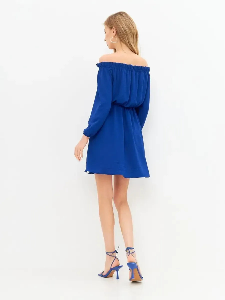Sapphire Mini Dress by Lauven – Vibrant off-shoulder blue mini dress showcasing a stylish back view.