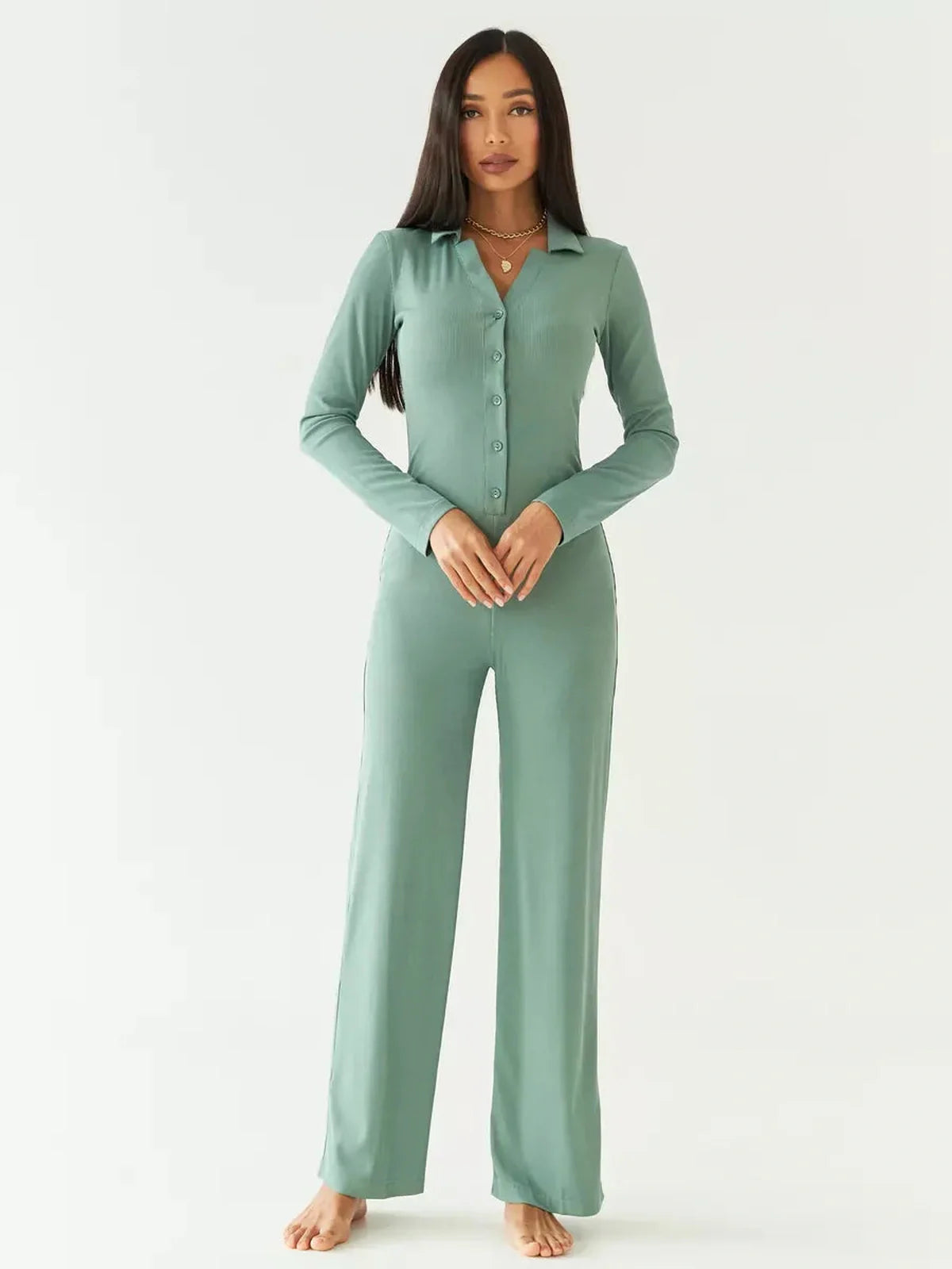 Scarlett Jumpsuit by Lauven in sage green, featuring a button-down front and wide-leg cut in ribbed knit.