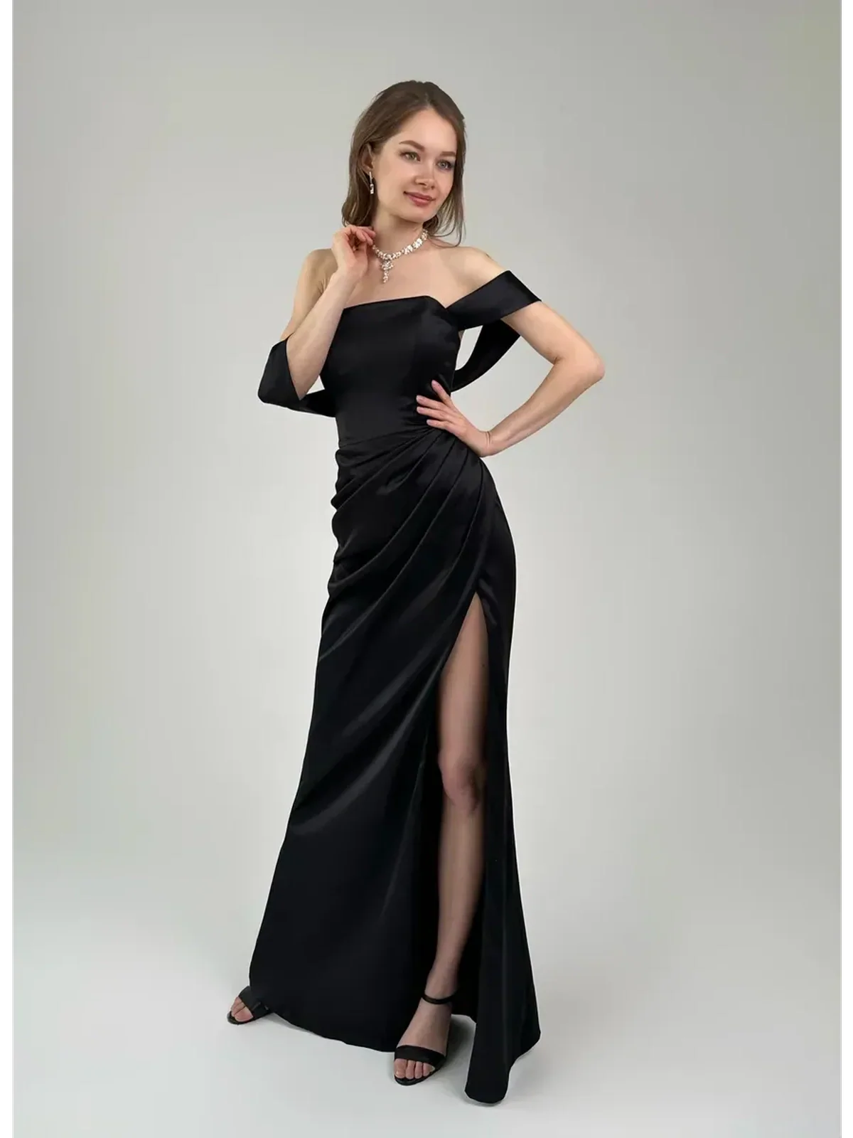 Selene Party Dress by Lauven - Off-Shoulder Satin Evening Gown with High Slit in Black