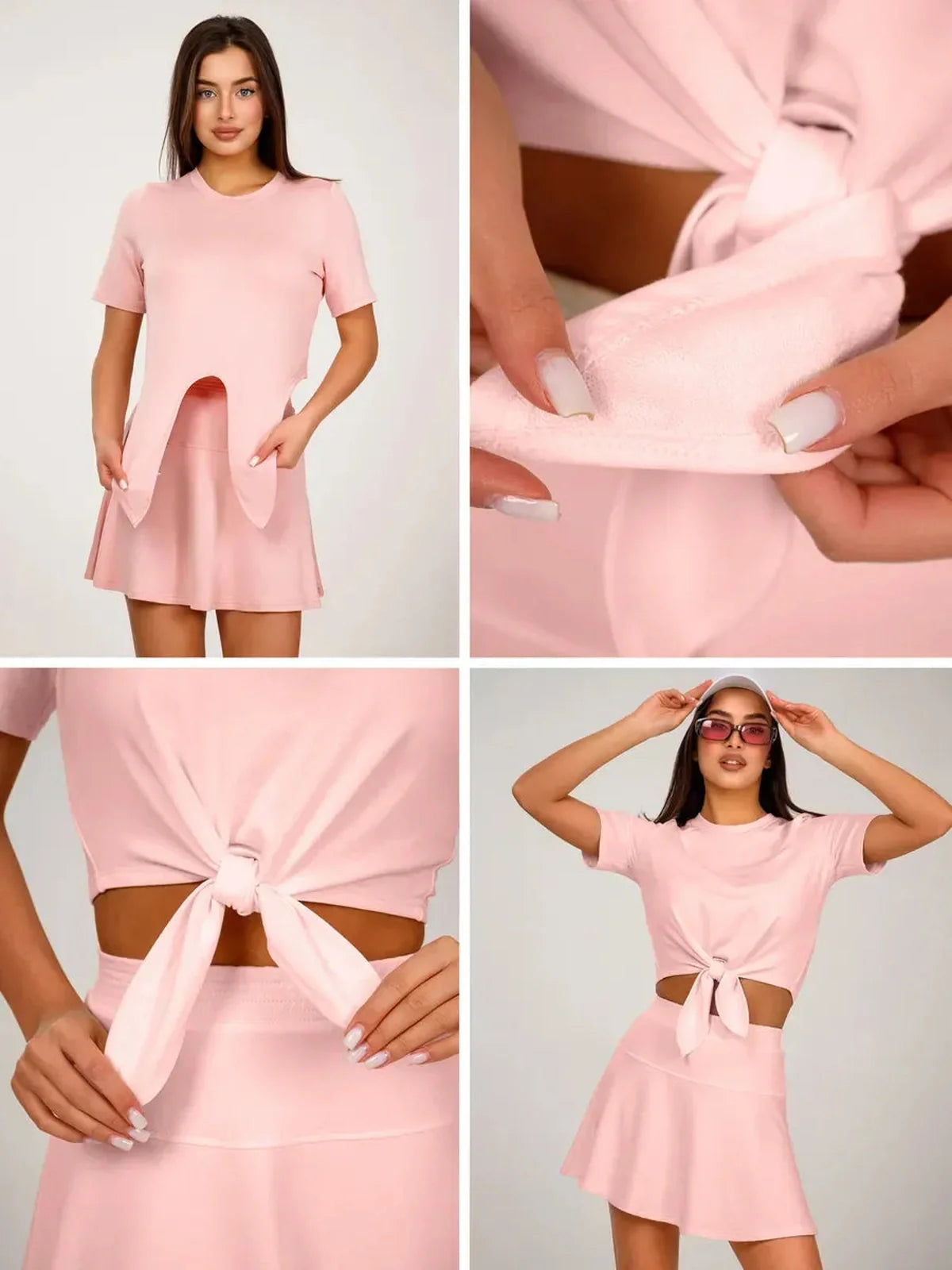 Serena Set from Lauven showcasing a women's two-piece cropped tie-front top and flared mini skirt in pink.