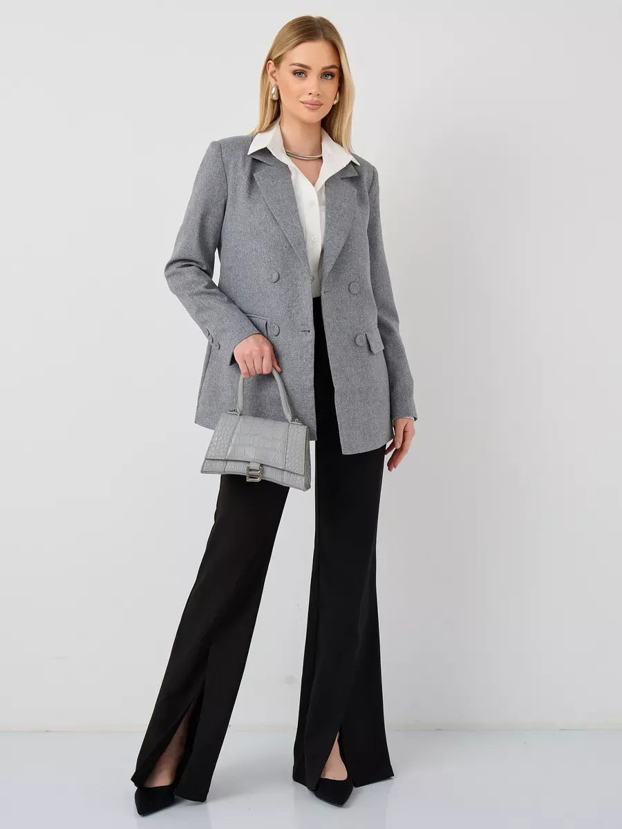 Silverstone Blazer by Lauven; oversized double-breasted gray tailored jacket worn with black pants.
