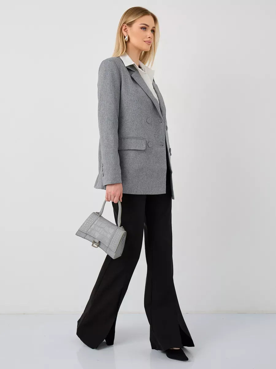 Silverstone Blazer by Lauven, oversized gray tailored blazer for women with double-breasted design.