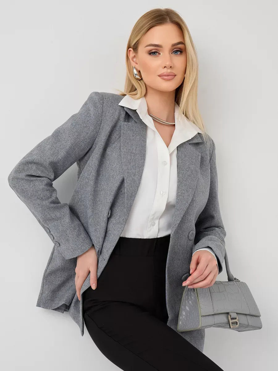 Silverstone Blazer by Lauven - Gray oversized double-breasted tailored jacket for women's fashion.