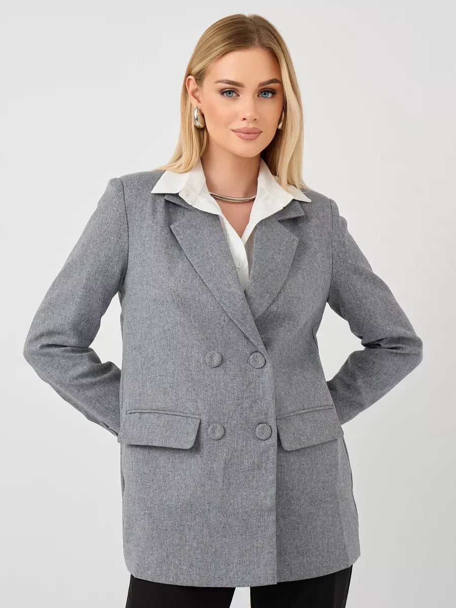 Silverstone Blazer by Lauven, oversized double-breasted gray tailored jacket for women, versatile and elegant.