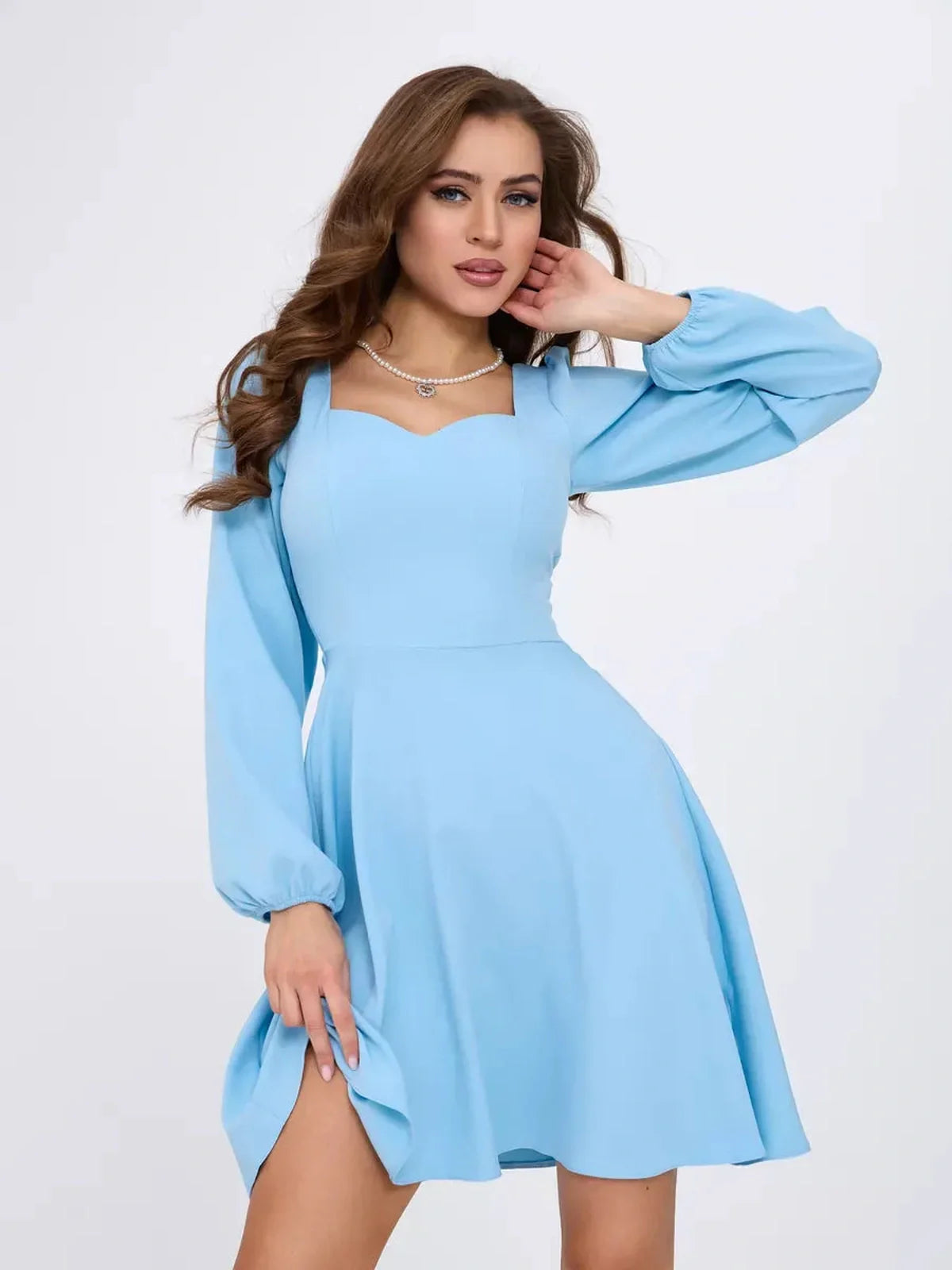 Skyline Mini Dress by Lauven - Light blue flared cocktail dress with long sleeves and square neckline.