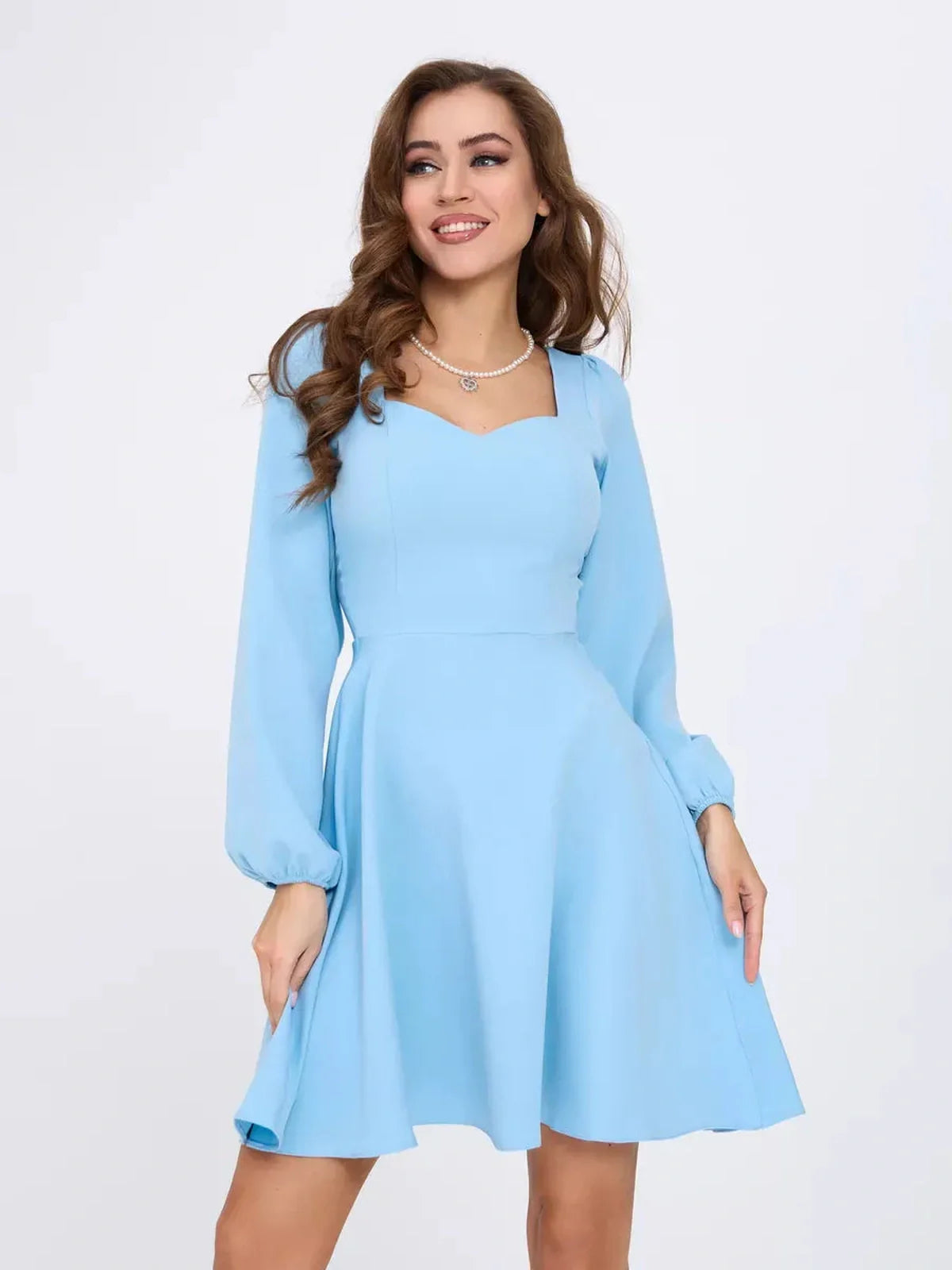 Skyline Mini Dress by Lauven - Light blue flared cocktail dress with long sleeves and square neckline.