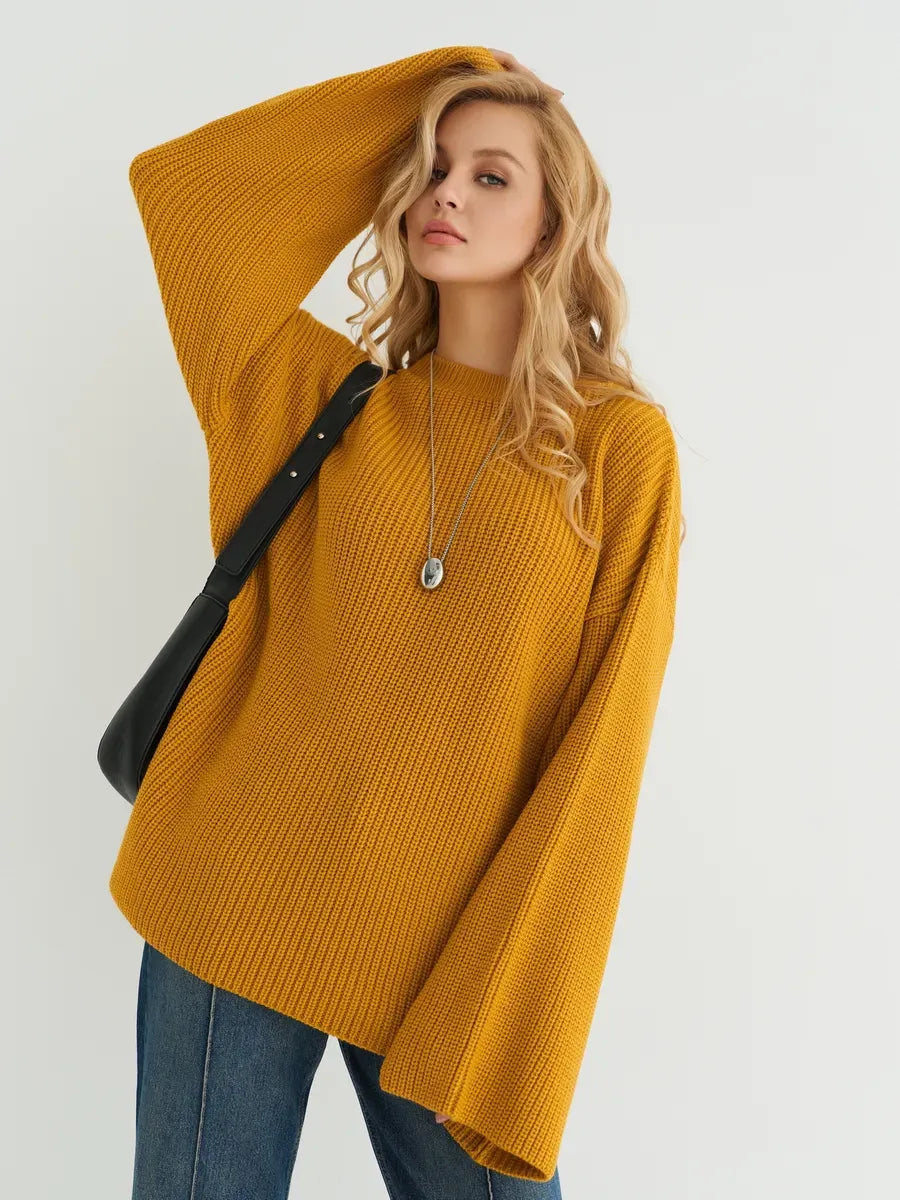 Solara Sweater by Lauven in vibrant mustard yellow, oversized ribbed knit design with relaxed fit.