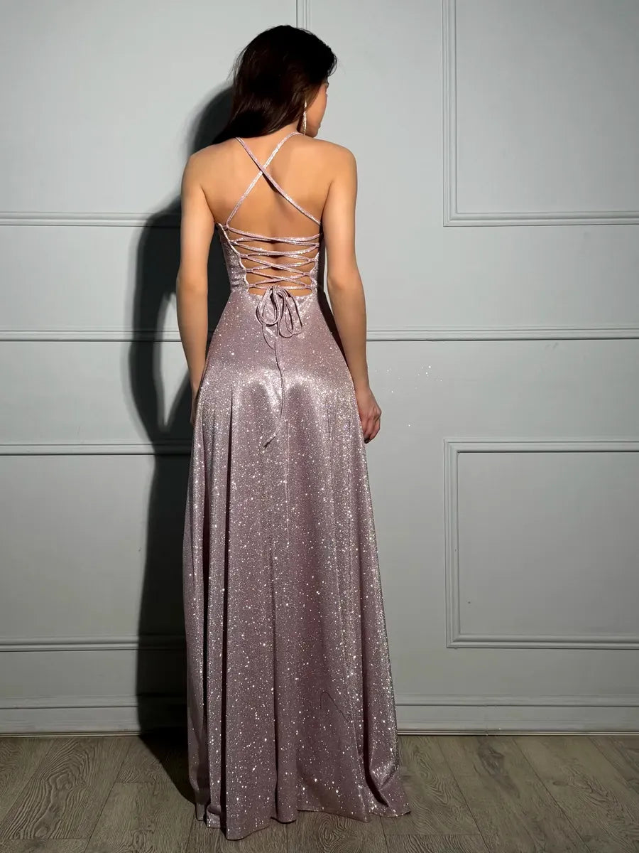 Spell Maxi Dress - Stunning pink glitter evening gown by Lauven with adjustable fit and elegant back detail.
