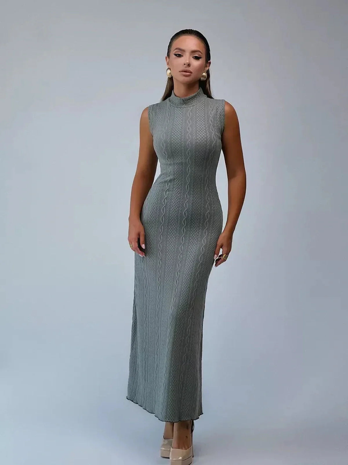 Stella Maxi Dress by Lauven - Sleeveless bodycon gown with textured knit pattern in grey.