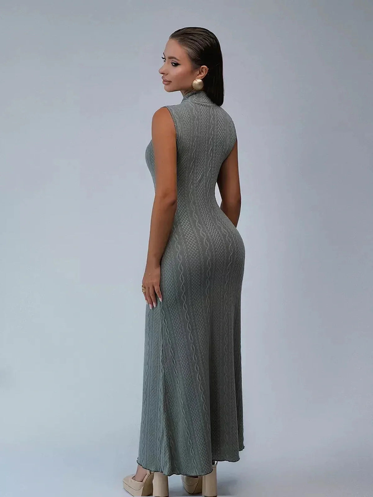 Stella Maxi Dress by Lauven - Sleeveless bodycon gown with textured knit pattern in soft gray.