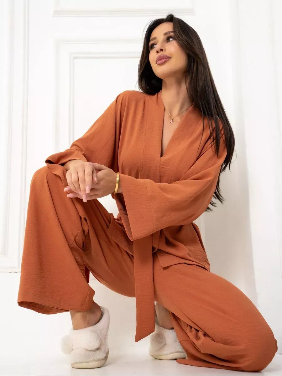 Terracotta Suit Set by Lauven, elegant oversized two-piece set in warm brown with wide-leg pants.