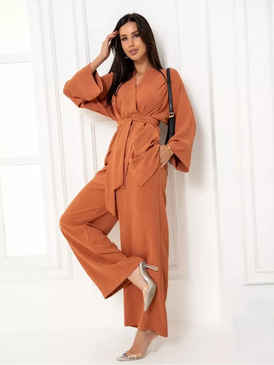 Terracotta Suit Set by Lauven – Elegant oversized two piece set in warm brown with wide-leg pants.