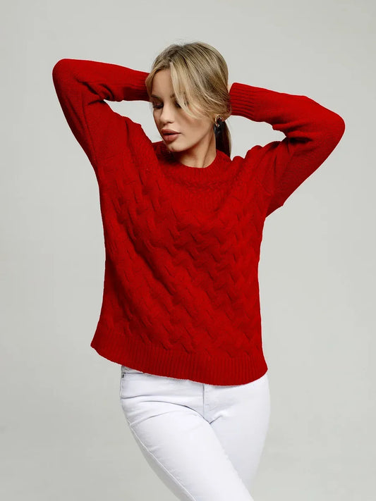 Vera Pullover by Lauven in vibrant red, featuring a cable knit design and cozy fit for stylish comfort.