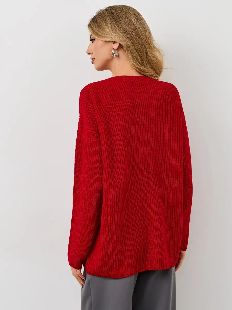 Viona Sweater by Lauven - oversized red knit pullover with crew neck, showcasing chunky ribbed texture.