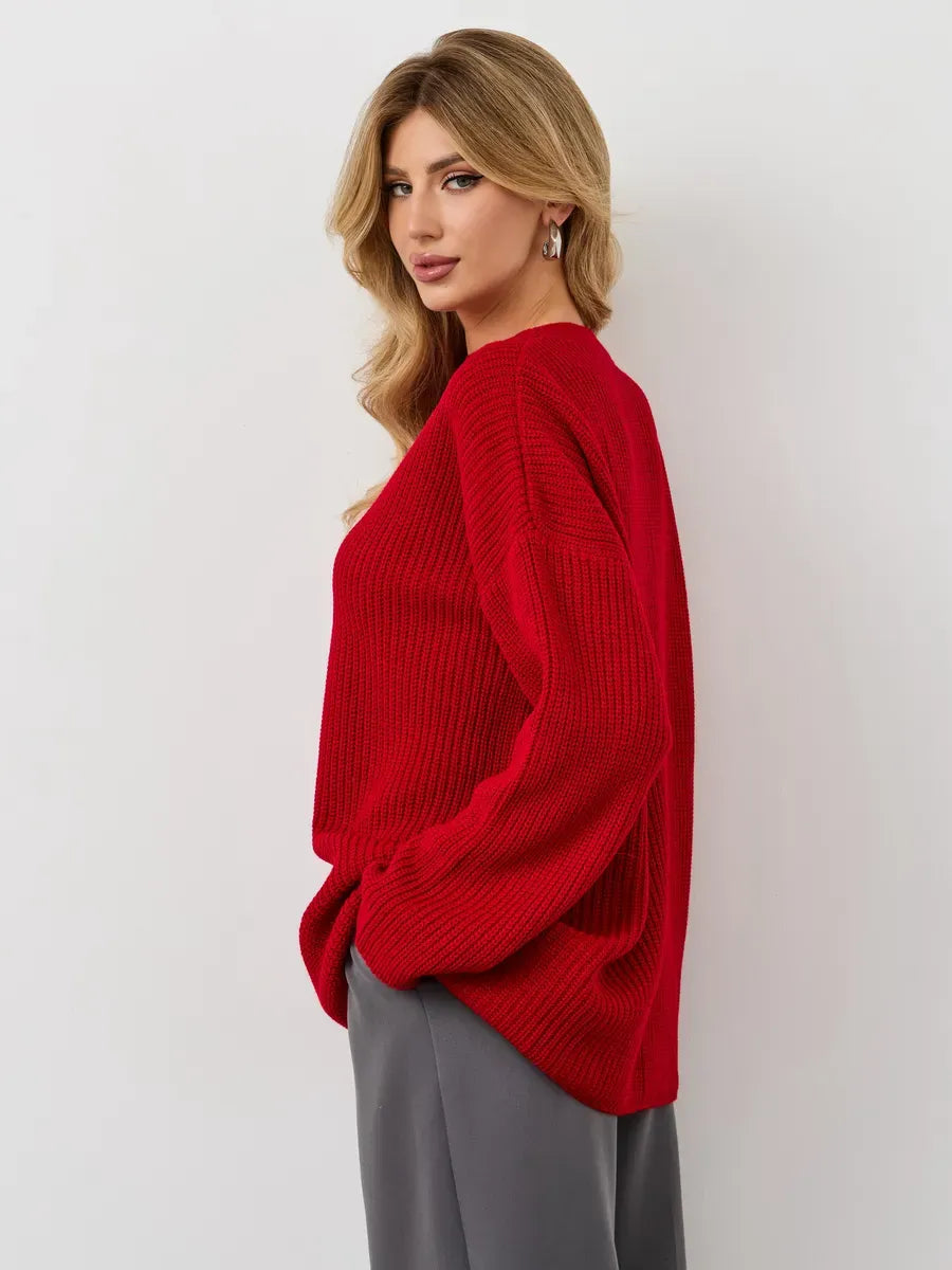 Viona Sweater by Lauven, oversized red knit pullover with ribbed texture and crew neck, perfect for cooler seasons.