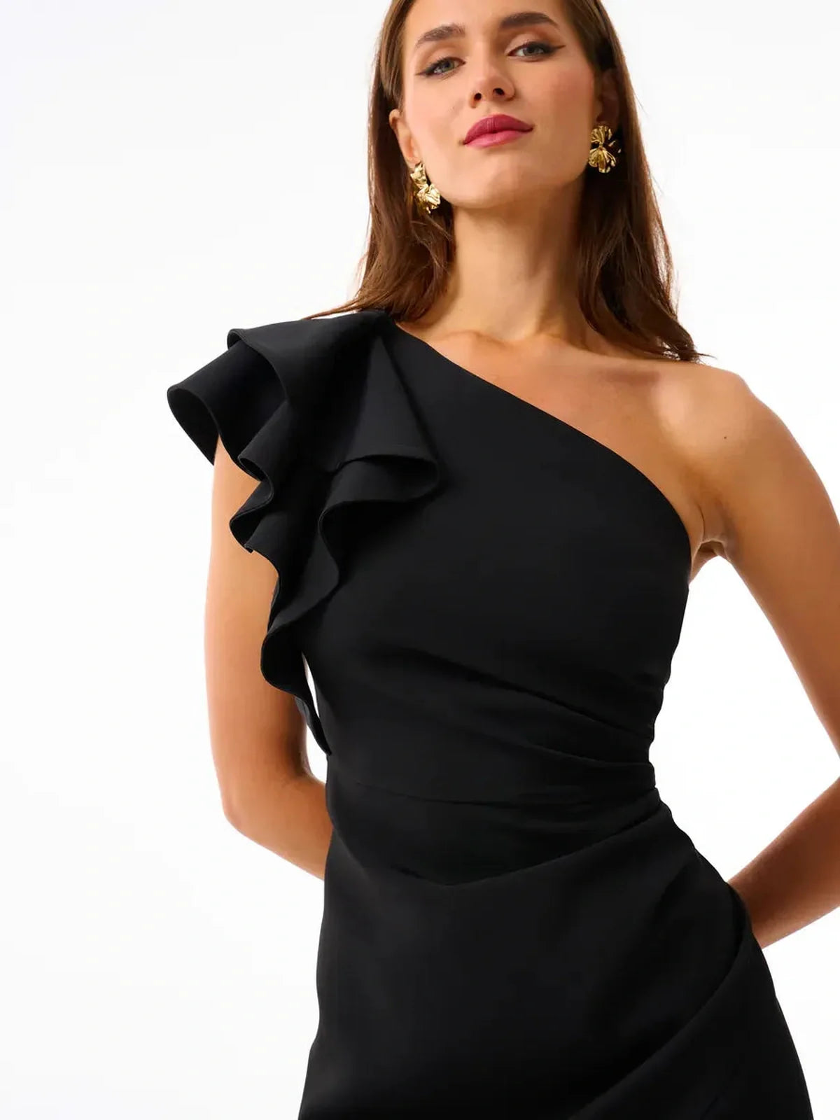 Vivienne Midi Dress by Lauven, featuring an asymmetric one-shoulder design with a ruffled shoulder in elegant black.