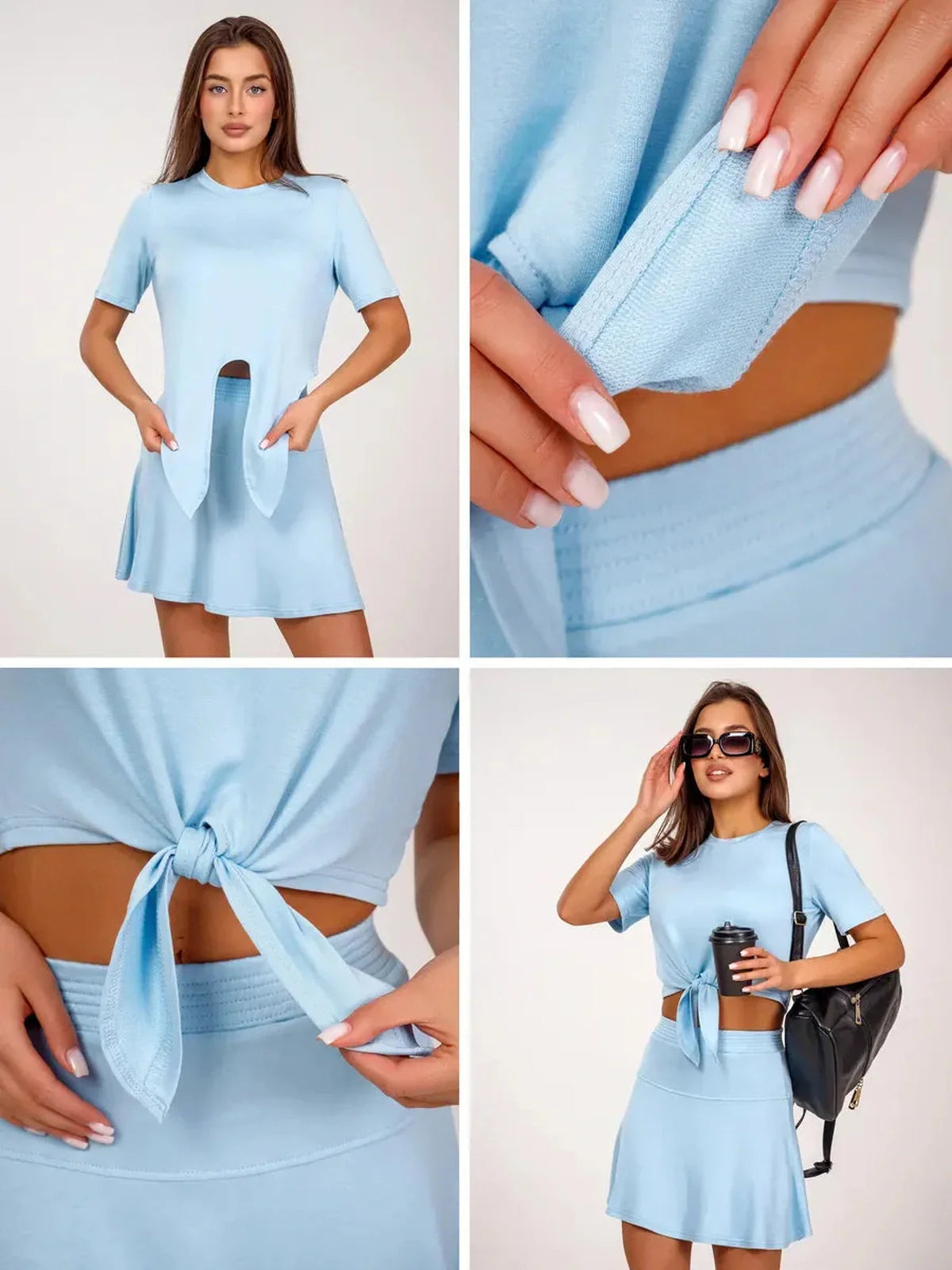 Vivienne Set by Lauven – Ice blue two-piece with flared skirt and cropped top featuring adjustable front tie.