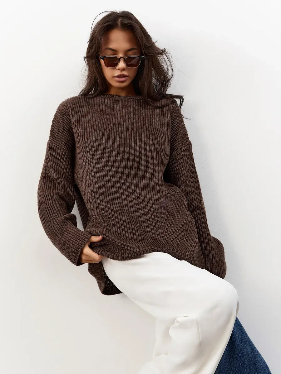 Zara Sweater by Lauven - Oversized chocolate brown knit pullover with crew neck, providing comfort and style.