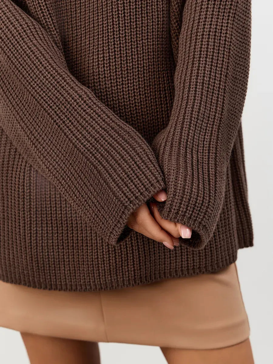 Zara Sweater by Lauven - Oversized chocolate brown knit, featuring chunky ribbed texture and crew neck design.