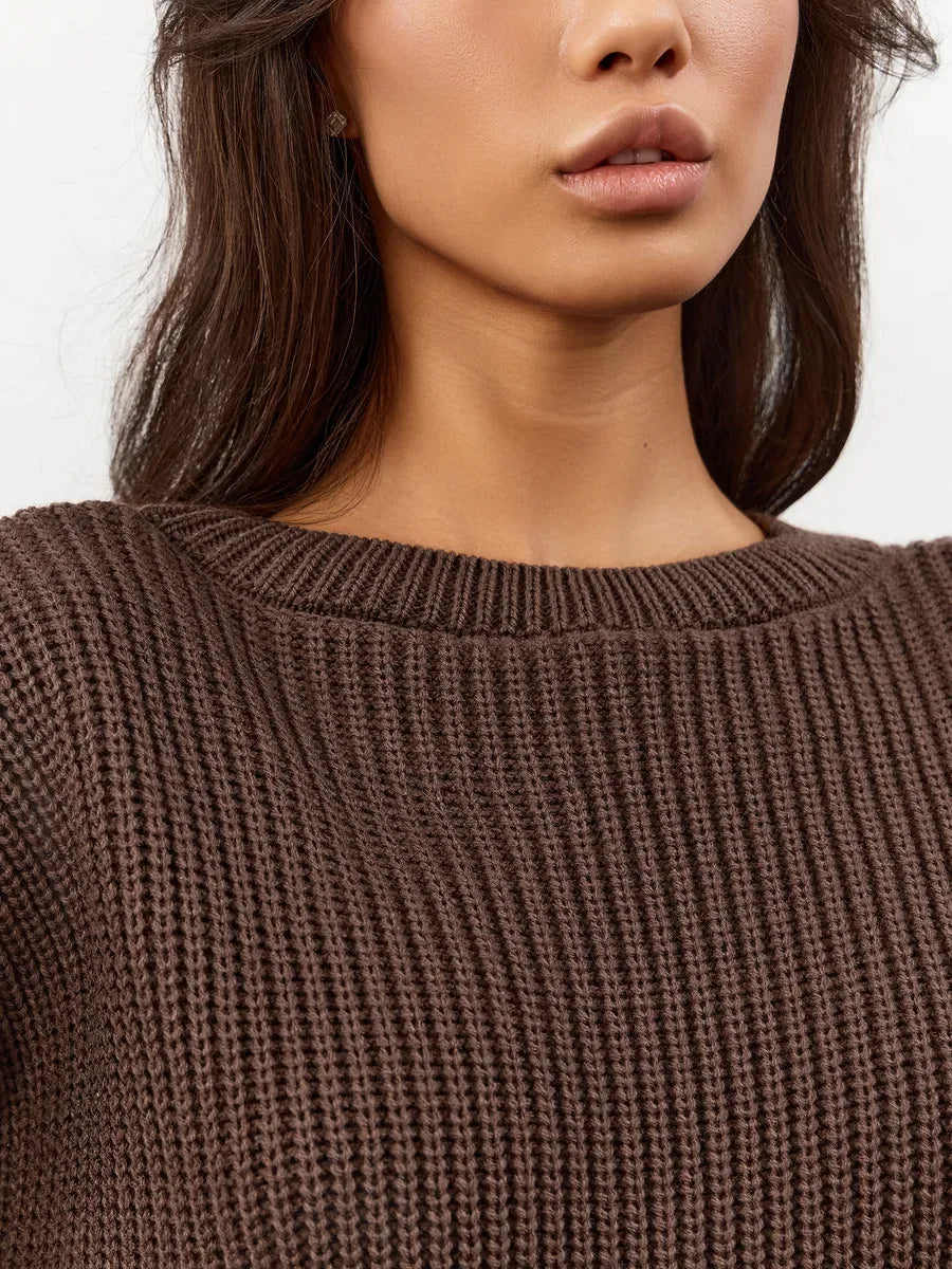 Model wearing Zara Sweater in oversized chocolate brown knit with crew neck, showcasing cozy style.