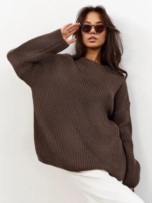 Zara Sweater – Oversized chocolate brown knit pullover from Lauven, featuring a cozy ribbed texture and crew neck.