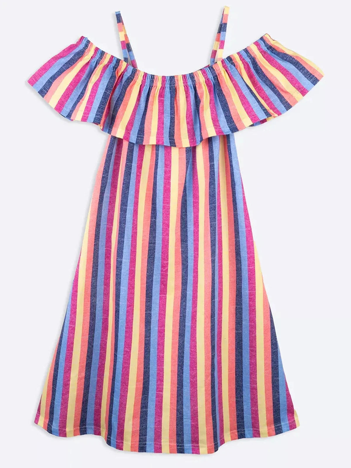 Zoe Mini Dress by Lauven - Striped cotton trapeze silhouette with off-shoulder ruffle detail, perfect for summer.