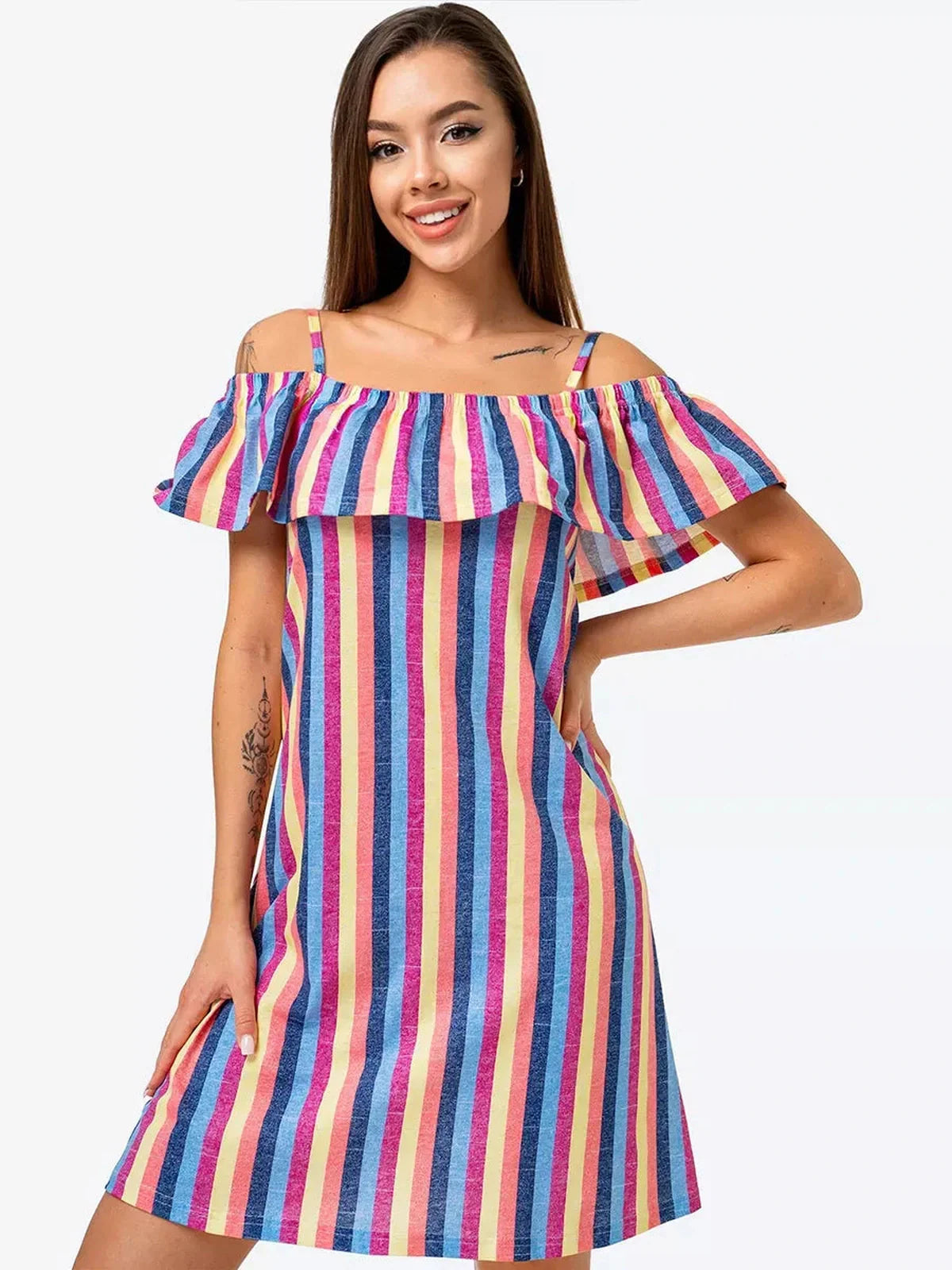 Zoe Mini Dress by Lauven featuring a striped trapeze silhouette and off-shoulder ruffle detail.