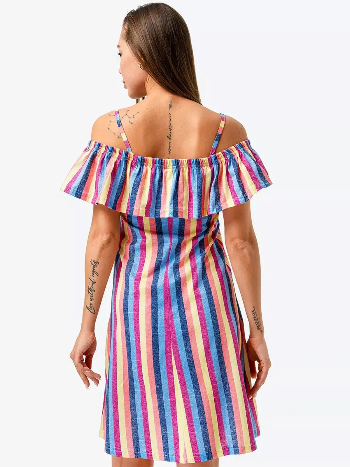 Zoe Mini Dress by Lauven – Striped cotton trapeze silhouette with ruffle detail in a vibrant, breathable design.