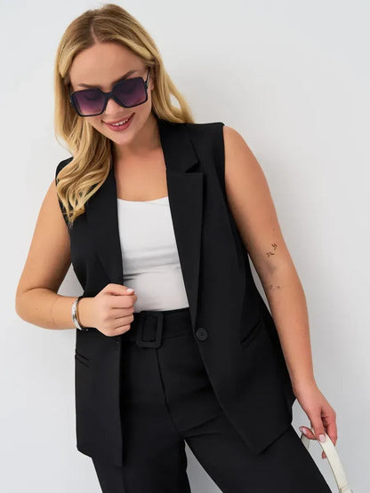 Noir Suit Set by Lauven featuring a sleeveless black vest and high-waist pants for a chic, modern look.