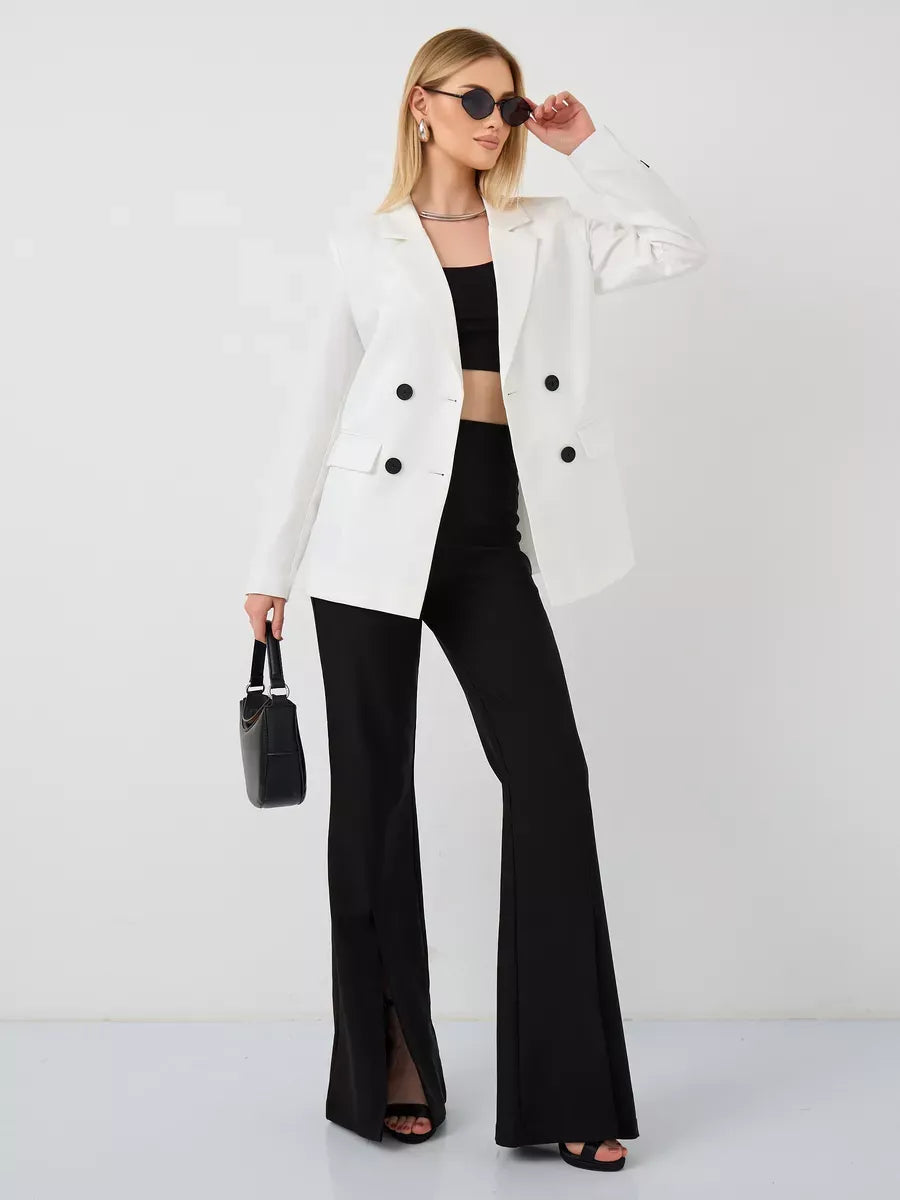 Alabaster Blazer by Lauven, oversized double-breasted white tailored jacket paired with stylish black pants.