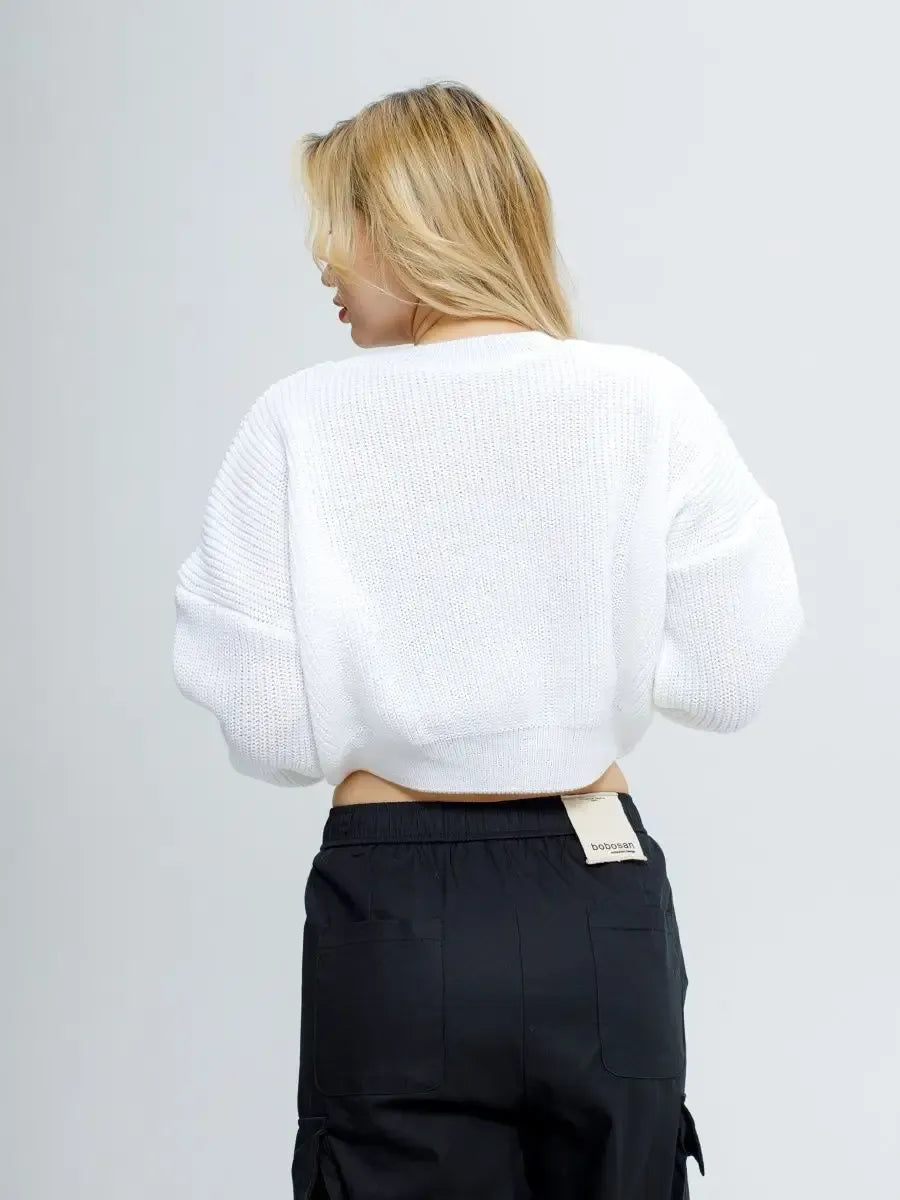 Alba Pullover by Lauven in soft white, showcasing oversized cropped knit design from the back view.