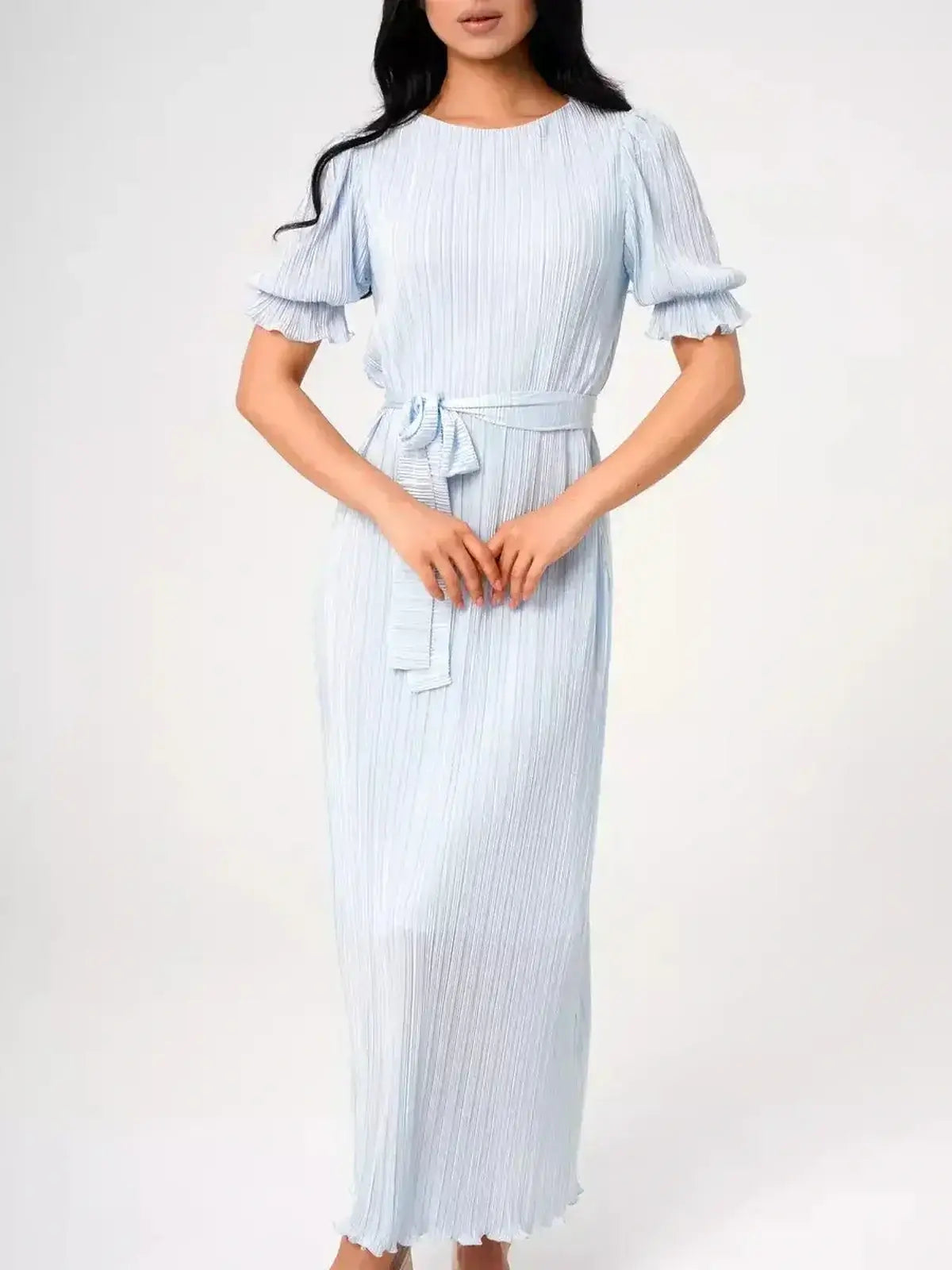Angel Maxi Dress in light blue, featuring pleats, puff sleeves, and a self-tie waistbelt for elegant styling.
