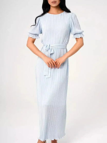 Angel Maxi Dress in light blue, featuring pleats, puff sleeves, and a self-tie waistbelt for elegant styling.