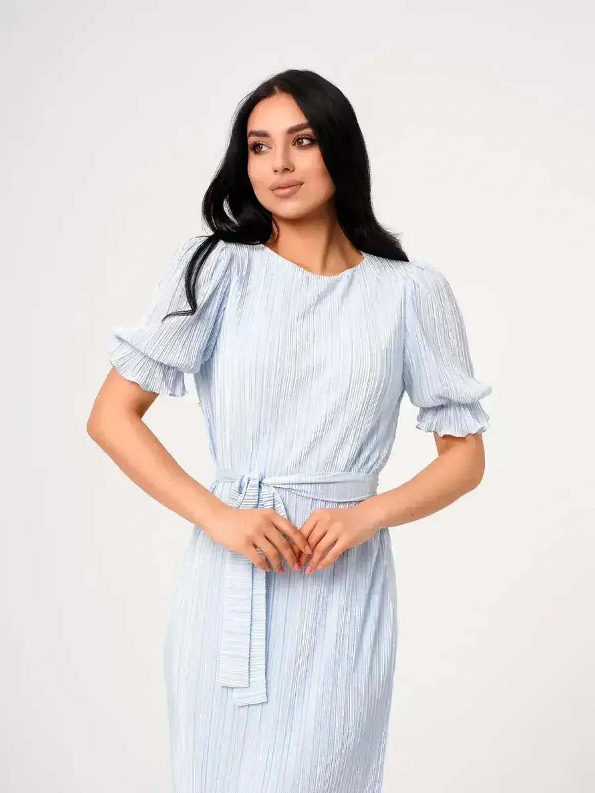 Angel Maxi Dress in light blue with pleats and waist tie, featuring delicate puff sleeves for an elegant look.