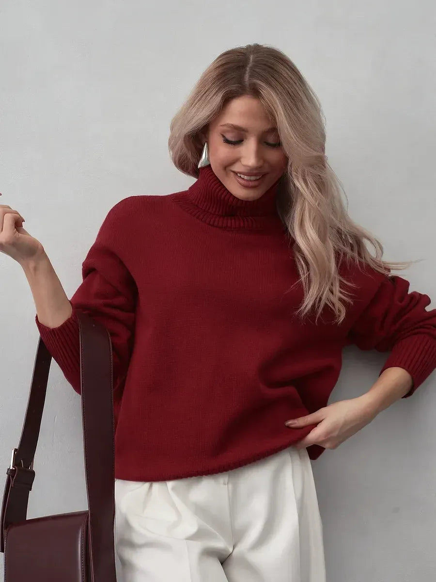 Arden Sweater by Lauven in burgundy turtleneck knitwear, perfect for cozy autumn and winter styling.