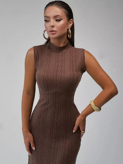 Aurora Maxi Dress by Lauven, sleeveless knit bodycon gown with jacquard cable texture and mock neckline.