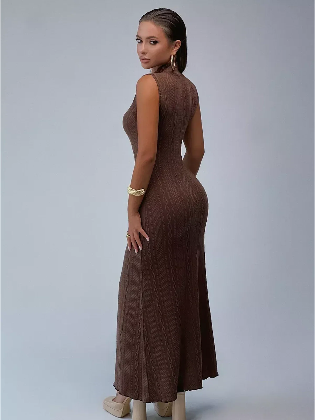 Aurora Maxi Dress by Lauven - Sleeveless knit gown with fitted silhouette and jacquard fabric in rich brown tone.