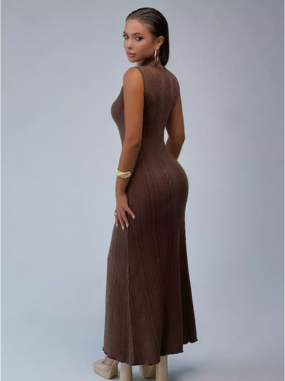 Aurora Maxi Dress by Lauven - Sleeveless knit gown with fitted silhouette and jacquard fabric in rich brown tone.