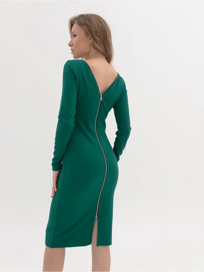 Aurora Midi Dress by Lauven showcasing elegant emerald bodycon fit and stylish back zipper detail.