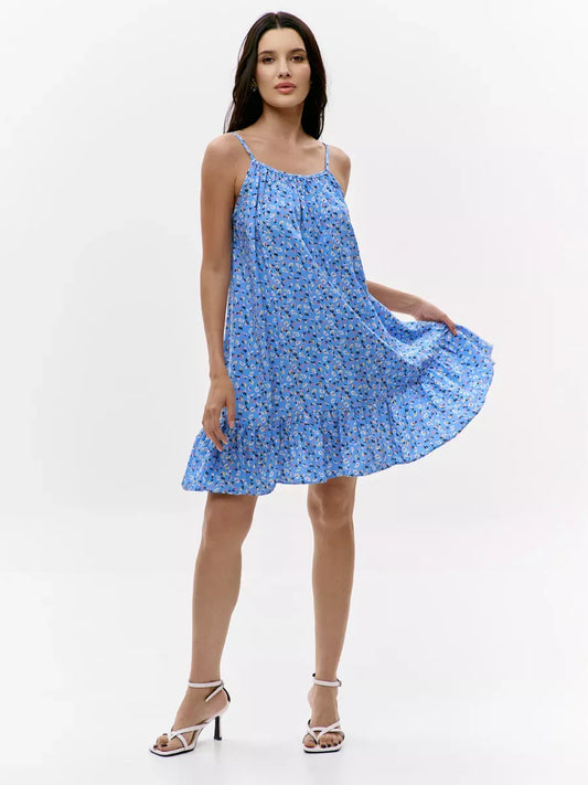 Azure Mini Dress by Lauven in blue floral print, ideal for summer outings and casual parties.